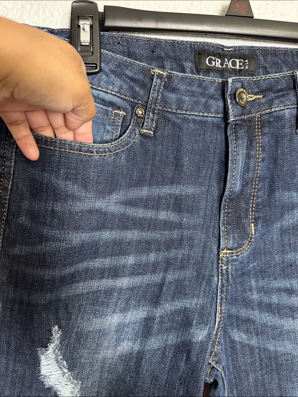 Grace in LA Distressed Denim Jeans Dark Blue Ripped Straight Leg Womens Size 28‎ - Picture 3 of 11